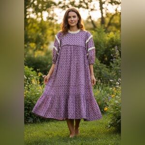 Hunter Bell Lace Trim Paisley Print Prairie Dress Tiered Midi Dress, Size Small